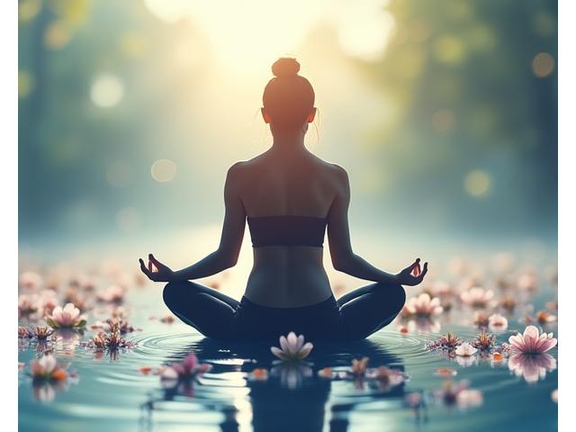 명상하는 여인의 실루엣과 물 위에 피어난 꽃