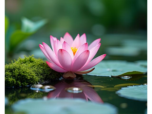 맑은 물에 피어난 연꽃과 이끼류가 있는 자연 풍경