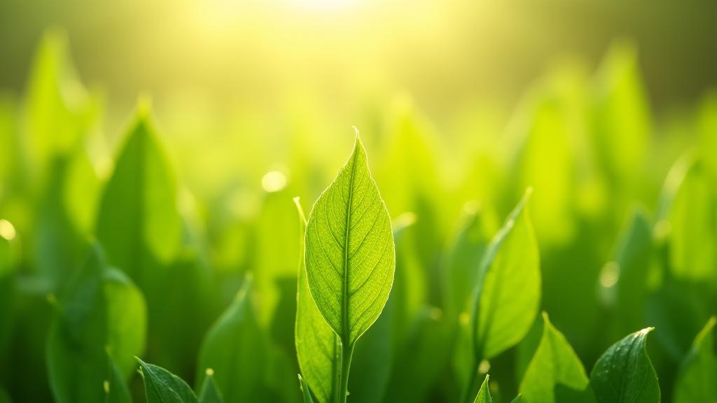 신선한 이슬을 맺은 녹색 잎과 깨끗한 아침 햇살이 비치는 풍경