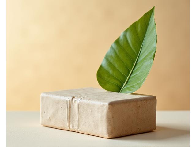 재활용 가능한 소재로 만든 제품 포장재와 녹색 잎