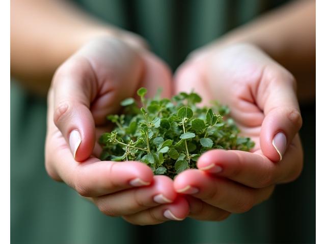 허브나 꽃과 같은 자연 재료를 부드럽게 감싸 쥐고 있는 손